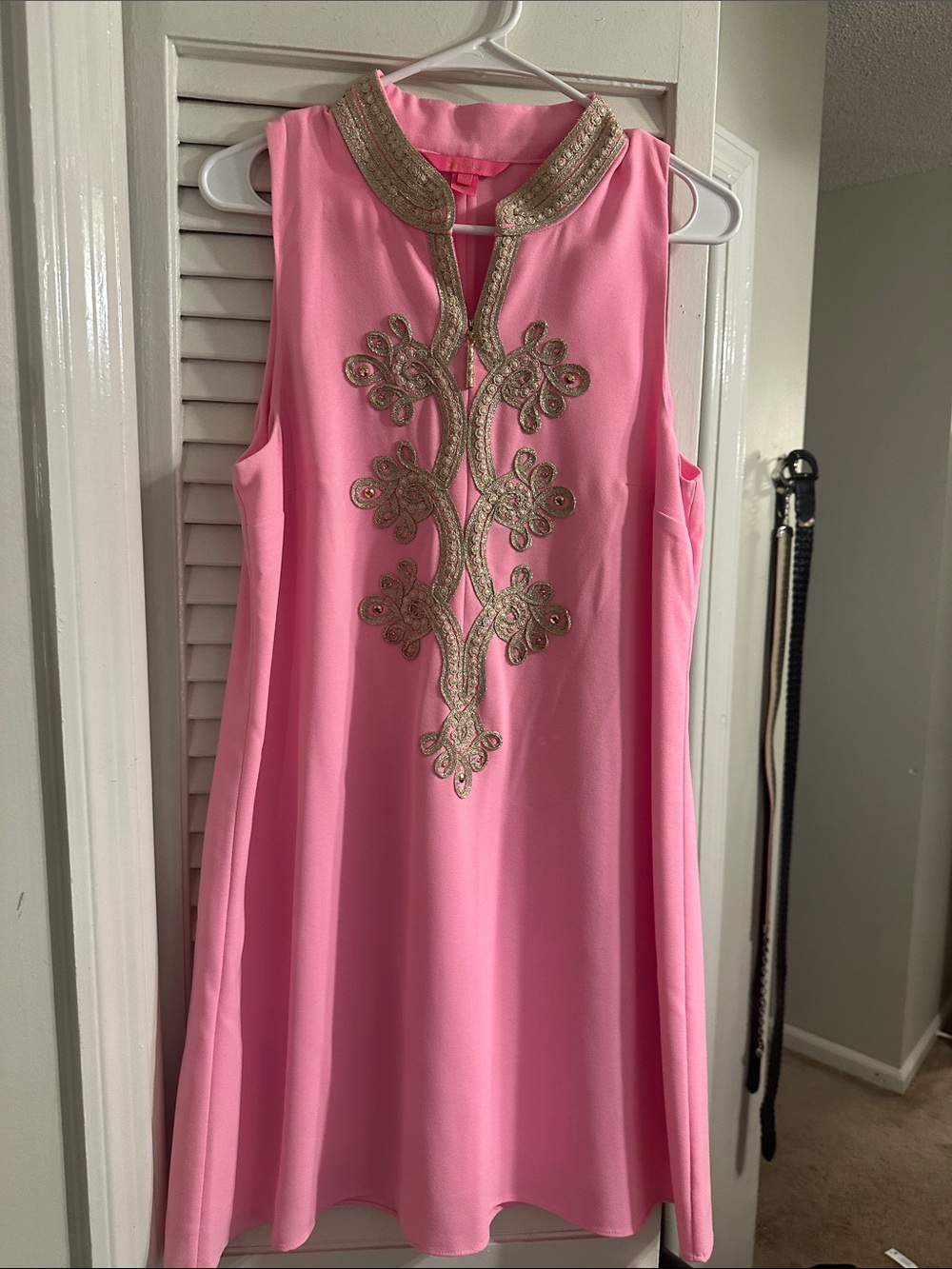 Lilly Pulitzer Pink Sleeveless Shift Dress with Gold Embroidery